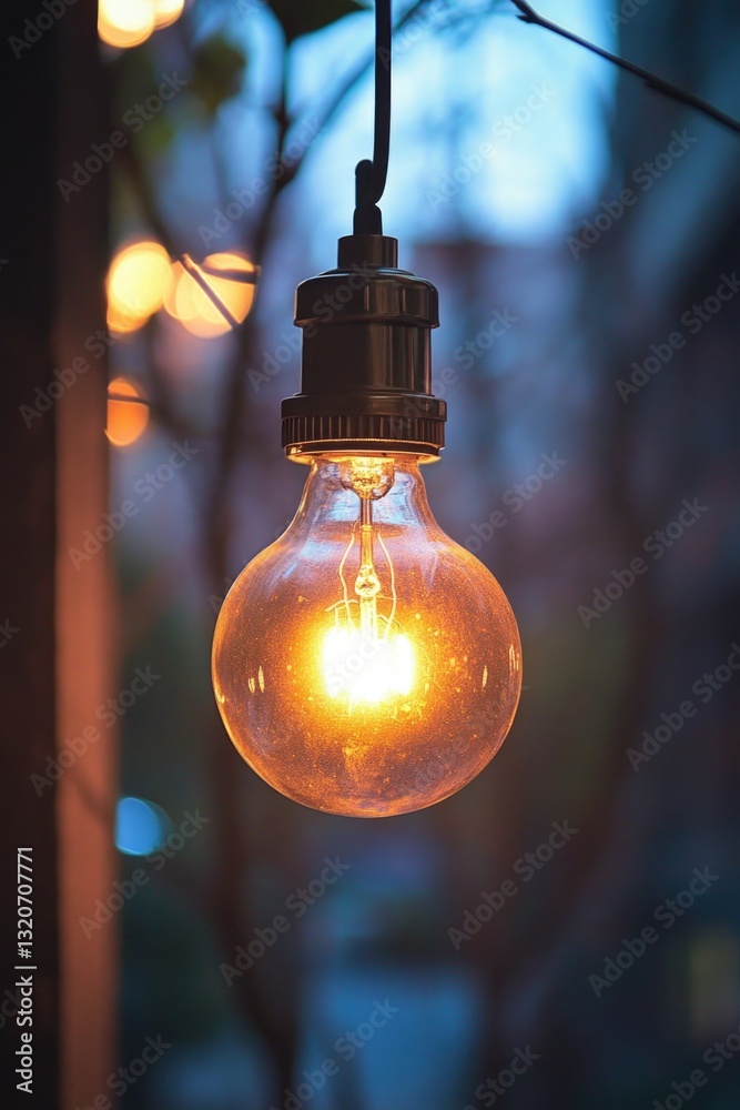 Poster A single light bulb hangs from a tree branch in a natural setting