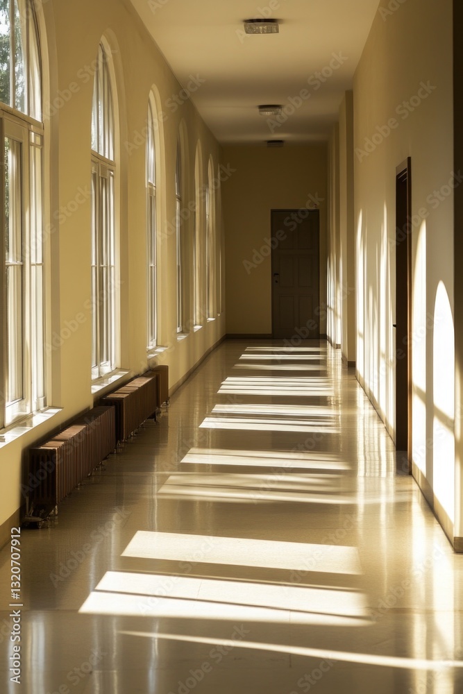 Poster hallway with multiple windows and benches