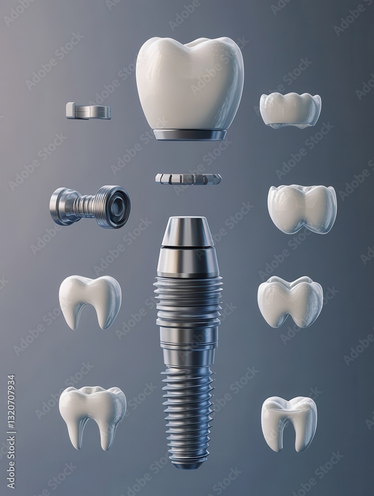 Poster Detailed 3D render of a dental implant in exploded view illustrating individual components against a gradient background