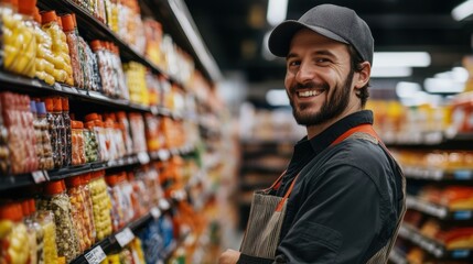 Obraz premium Smiling store worker arranges products on supermarket shelves