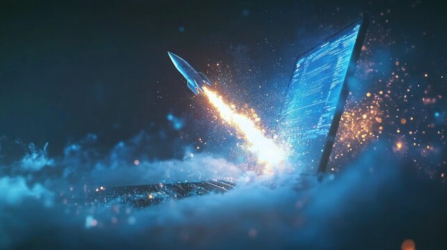A rocket launching from a laptop screen displaying code, amidst sparks and clouds, symbolizing rapid technological advancement