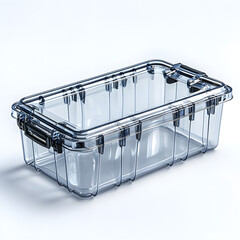  A clear plastic container with a lid, featuring a handle on one side and multiple clips for securing the lid. 