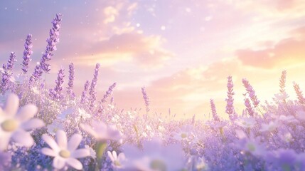 Obraz premium Serene sunset over a field of lavender and daisies