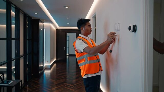 Professional engineer installing modern motion sensor on wall