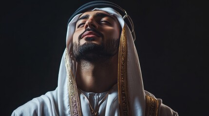 Arab man dressed in traditional attire gazes upward in contemplation