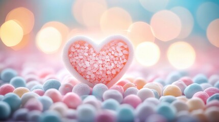 Obraz premium Pastel heart nestled in colorful spheres against a bokeh background