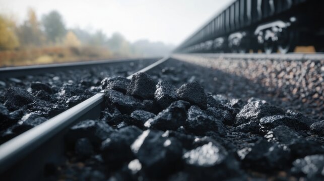 Close-up of railway tracks with ballast, leading to a distant freight train on a misty autumn day