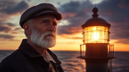 Elderly man gazing at sunset by lighthouse by the sea