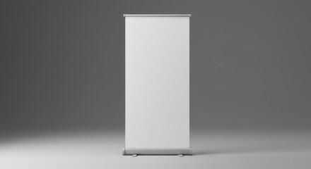 Blank white roll-up pop-up pull-up stand banner, poster mockup template isolated on clean neutral grey studio set backdrop, advert, promo, marketing, trade show, expo, presentation, workshop event