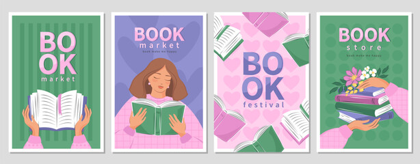 Set of banner for bookstore, library, festival, sale in bookshop, market. Girl reading a book. Vector illustration for poster, cover, marketing.