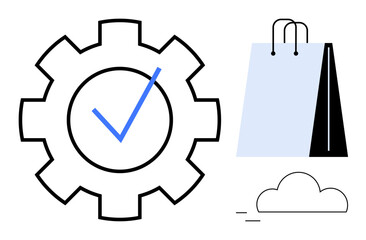 Gear with checkmark symbolizes optimization, shopping bag signifies retail, and cloud indicates online services. Ideal for e-commerce, retail, automation, cloud computing, logistics, efficiency