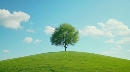 Fototapeta premium Solitary tree on a grassy hill under a bright blue sky with fluffy white clouds