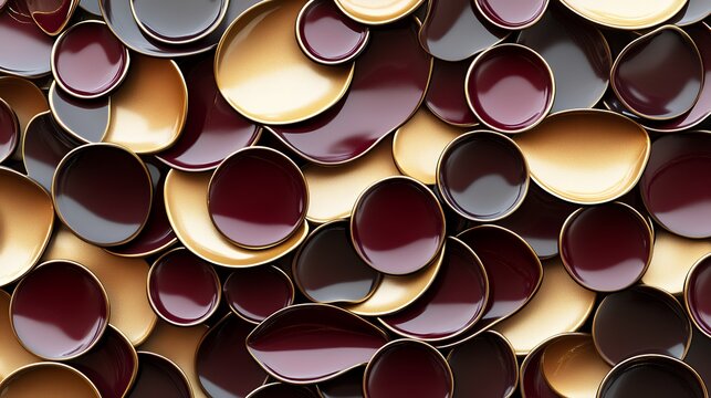 A Captivating Collection Of Lustrous Gold And Burgundy Lacquerware Bowls, A Symphony Of Rich Colors And Subtle Textures, Artfully Arranged In A Mesmerizing Display