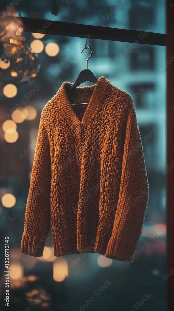 Poster a sweater hangs on a clothes rack in front of a window, offering a glimpse into a cozy home