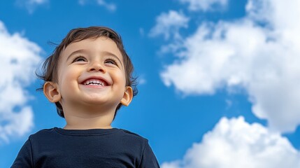 A young child is smiling and looking up at the sky