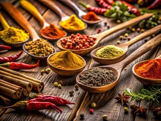 Fototapeta premium Aromatic Spices on Wooden Spoons: Low Light Culinary Photography