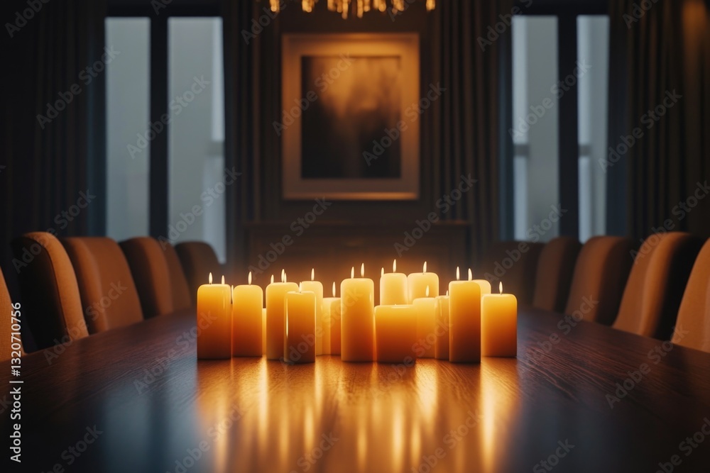 Poster a group of candles placed on a wooden table, ideal for use in still life photography or as a decorat