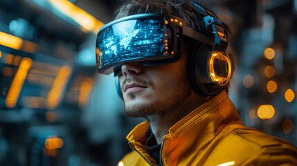 A worker wearing advanced virtual reality gear is immersed in a futuristic manufacturing environment, focused on improving automation in steel and aluminum production processes.