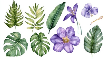 Fototapeta premium Watercolor tropical leaves and purple flowers isolated on white background