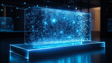 A glowing cube displaying a network of interconnected digital data