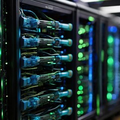 A Mesmerizing Network Of Glowing Blue And Green Data Streams Humming With Digital Energy In A Server Rooms Dark Depths