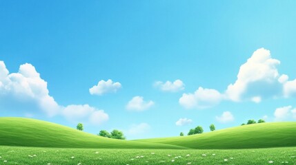 Fototapeta premium Serene landscape of rolling green hills under a bright blue sky dotted with fluffy white clouds