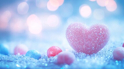 Obraz premium Pink glittery heart with pastel candies on sparkly surface, bokeh background