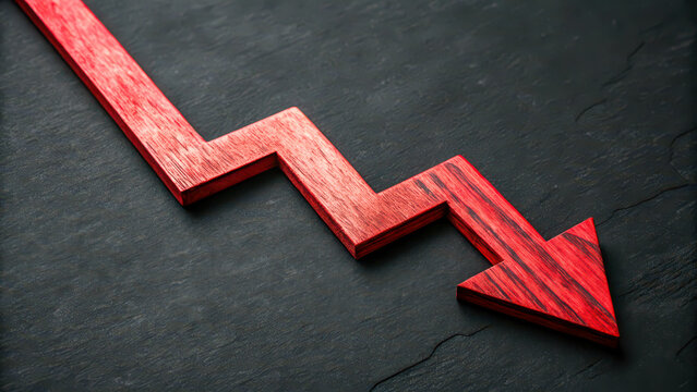 A red wooden arrow pointing downwards on a black background symbolizes a recession and crisis in the economy. It represents a decline in financial performance, losses and market instability.