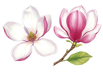 Fototapeta premium Elegant Magnolia Blossoms: A Pair of Exquisitely Rendered Flowers in Delicate Hues of White and Pink