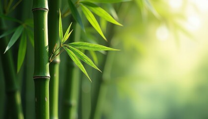 CloseUp Bamboo Plant Illuminated by Sunlight Against Blurred Background. A close up of a bamboo plant with green leaves.
