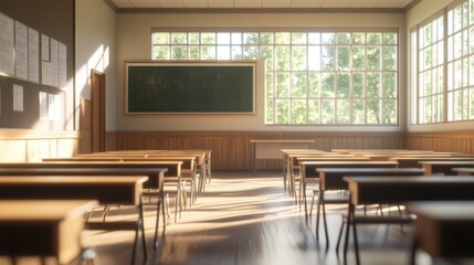 Sunlit classroom with wooden desks, chalkboard, and large windows overlooking greenery