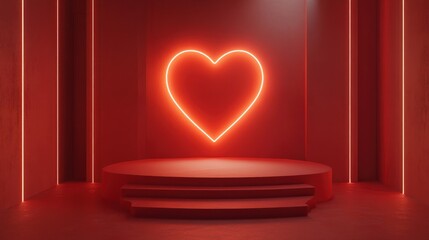 Glowing neon heart above a red circular stage with steps in a dark room