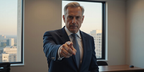 Serious businessman points directly at the viewer, a determined expression on his face, against a backdrop of a city skyline seen through a large office window.