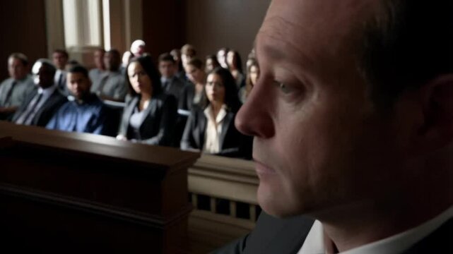 Judge's Gavel on the table Serious Man in Courtroom with Jury &ndash; Legal Trial and Justice Concept