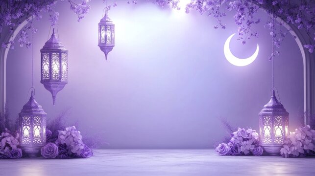 Serene purple scene with hanging lanterns, crescent moon, and floral accents