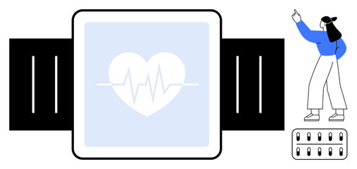 Smartwatch with heart rate visualization, user pointing upward, and medicine icon. Ideal for technology, fitness, healthcare, wellness, data tracking medical devices health management. Flat simple