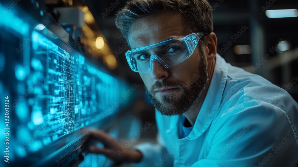 Poster A skilled engineer inspects advanced automated machinery in a high-tech manufacturing environment. The workspace is filled with intricate equipment used for welding and metallurgy.