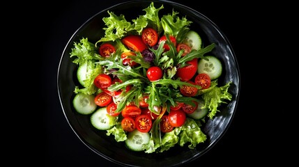 Vibrant salad with cherry tomatoes, cucumbers, and mixed greens in a dark bowl