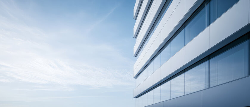 Modern architectural design of a building under a clear blue sky with reflective windows