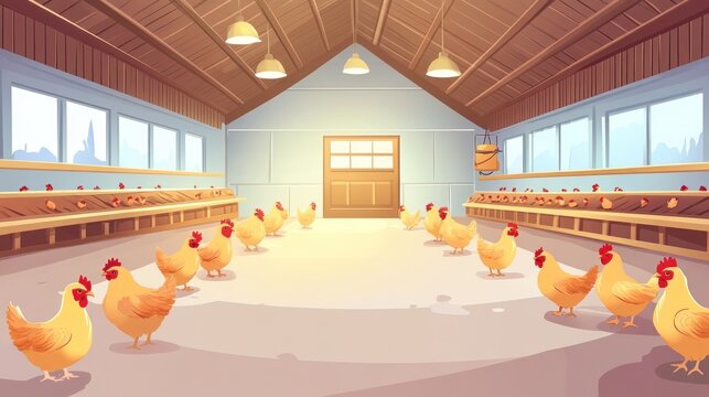Spacious chicken coop interior with numerous hens, wooden structures, and ample natural light