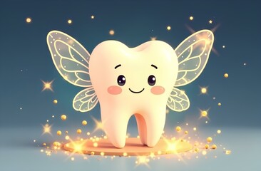 Luminous tooth fairy with a cute face, transparent flickering wings, and glowing magical sparks.