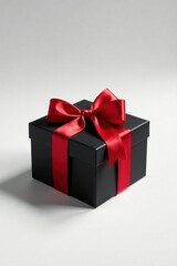 A luxuriously wrapped black gift box with a vibrant red satin ribbon and bow, perfect for a special occasion