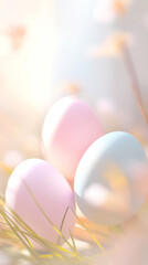 Easter pastel eggs nestled in grass and flowers with soft focus, background