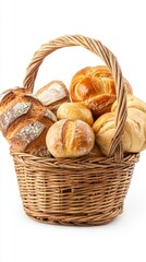 A captivating collection of various bread types fills a rustic basket, showcasing artisanal craftsmanship and inviting textures