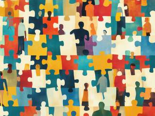 People connecting together completing jigsaw puzzle of society
