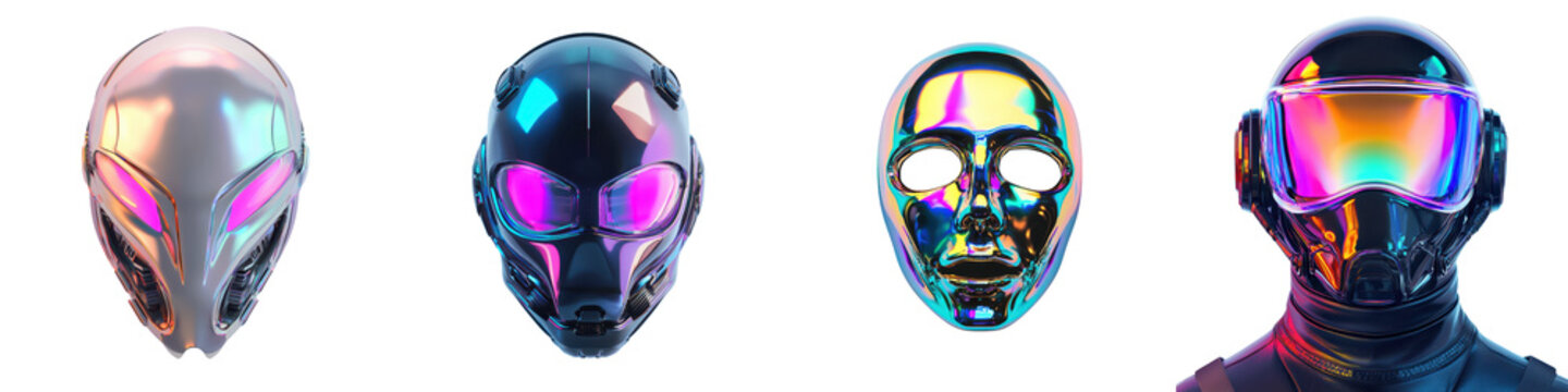 Surreal and futuristic digital art featuring close up of stylized cyborg helmets and characters in a neon soaked aesthetic  Unique and enigmatic digital showcasing advanced intelligence