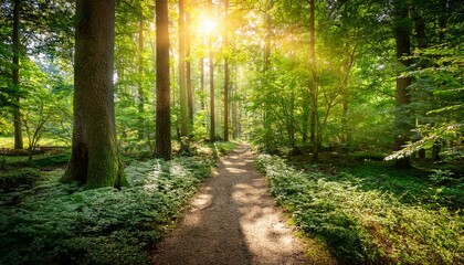Obraz premium forest trees with a serene path amidst sun rays and lush greenery in the backdrop a perfect summer landscape snapshot