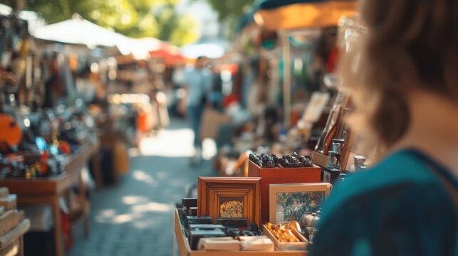 Busy flea market, browsing through antique items