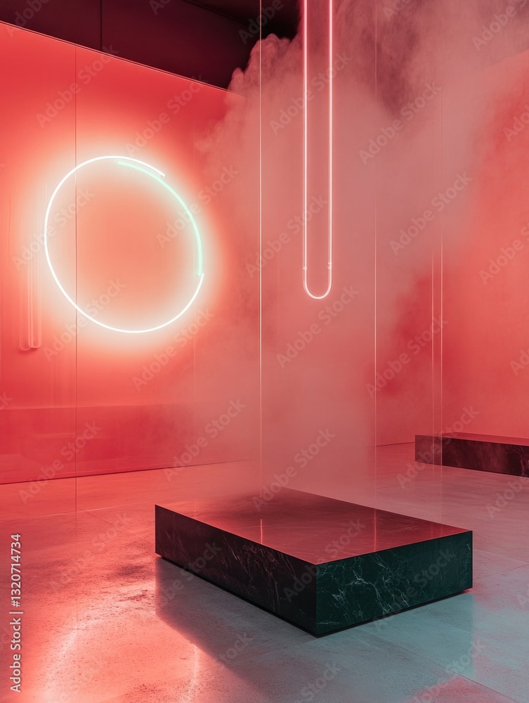 Poster a modern space with bright neon lights and a sleek black platform, ideal for use in music or art rel
