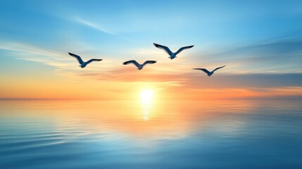 Fototapeta premium Serene sunset over calm ocean, four birds in flight